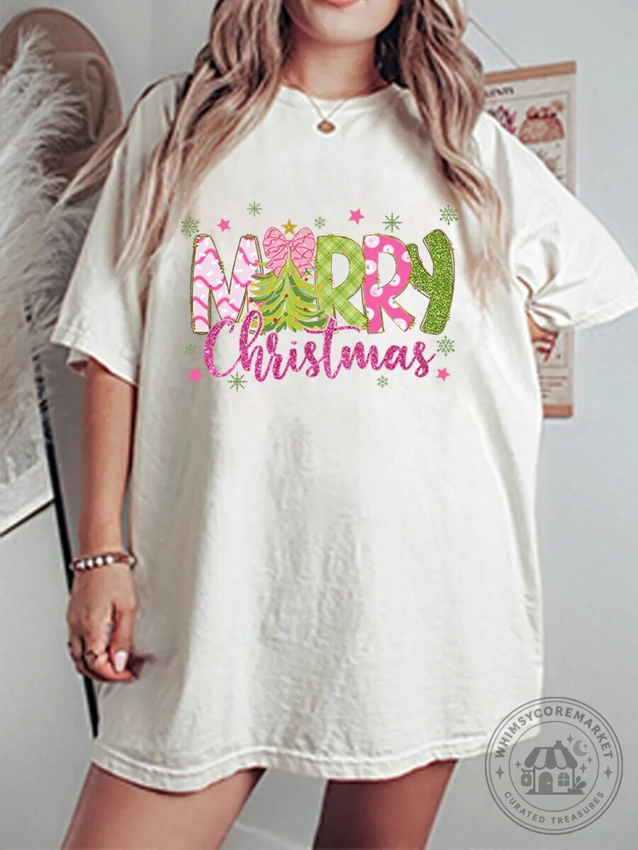 Merry Christmas Pink Green Holiday Tree Graphic Oversized T-Shirt