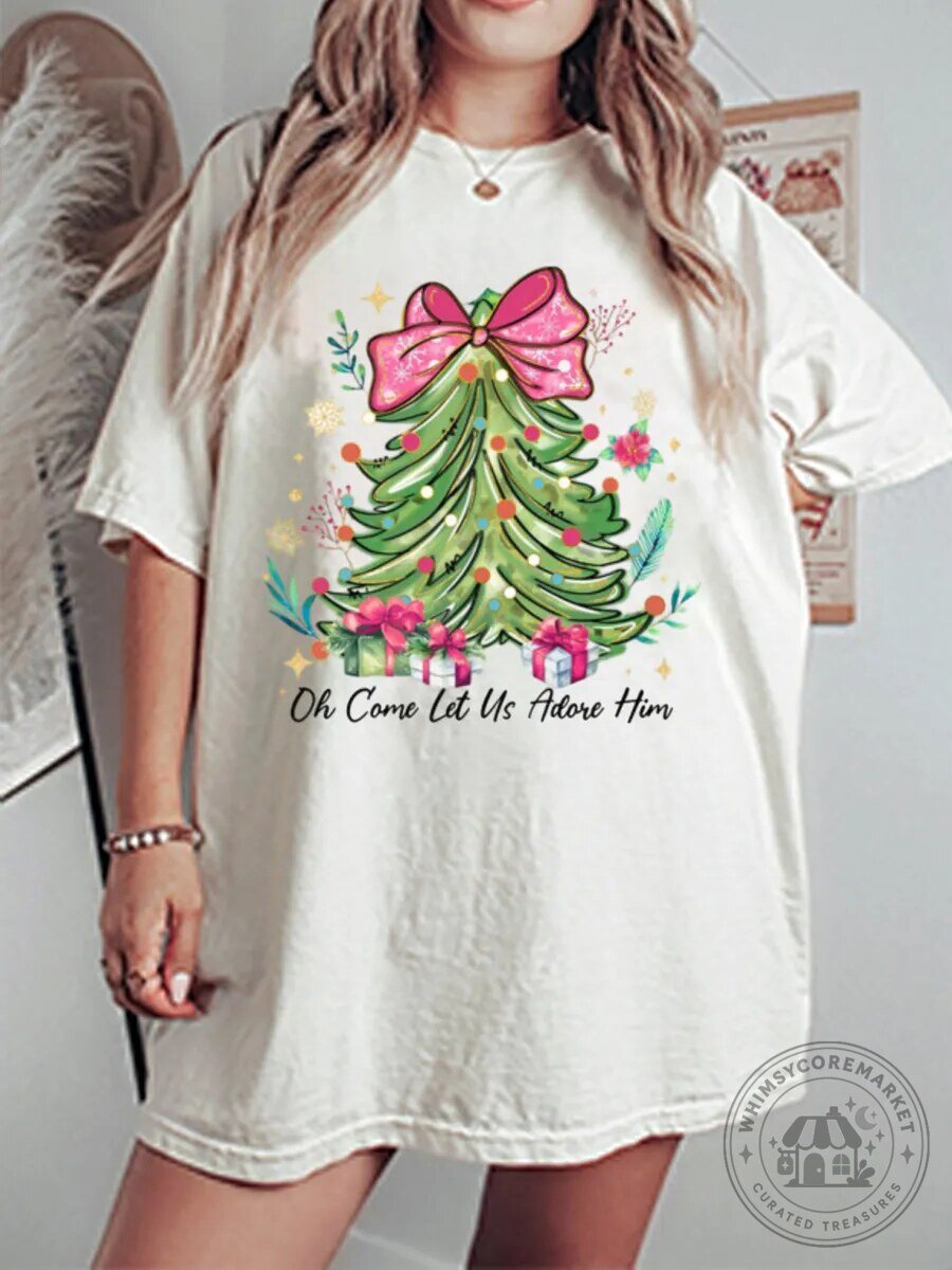 Oh Come Let Us Adore Him Christmas Tree Oversized Graphic T-Shirt