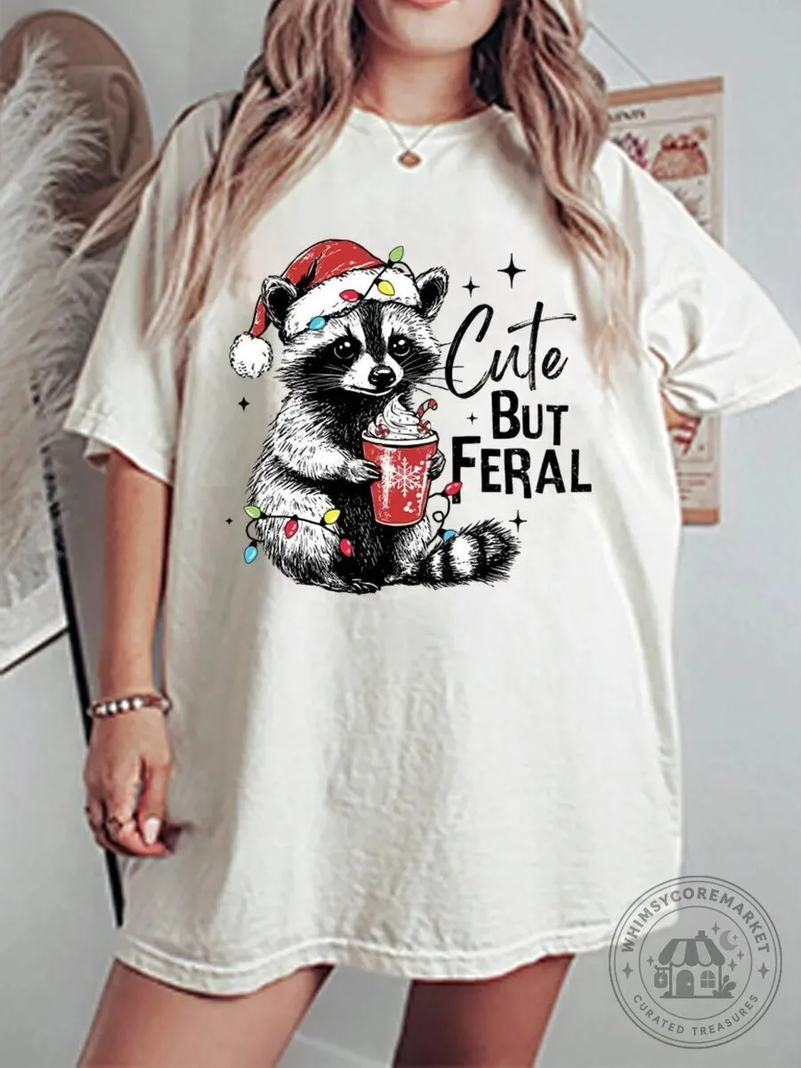 Cute But Feral Christmas Raccoon Drinking Hot Cocoa Holiday T-Shirt